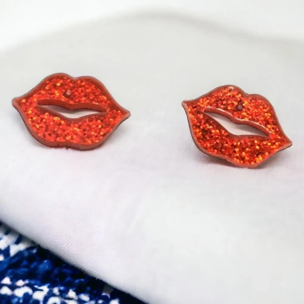 Red Glitter Lip Stud Earrings Tiny Sparkly Kiss Playful Acrylic Girl's Night